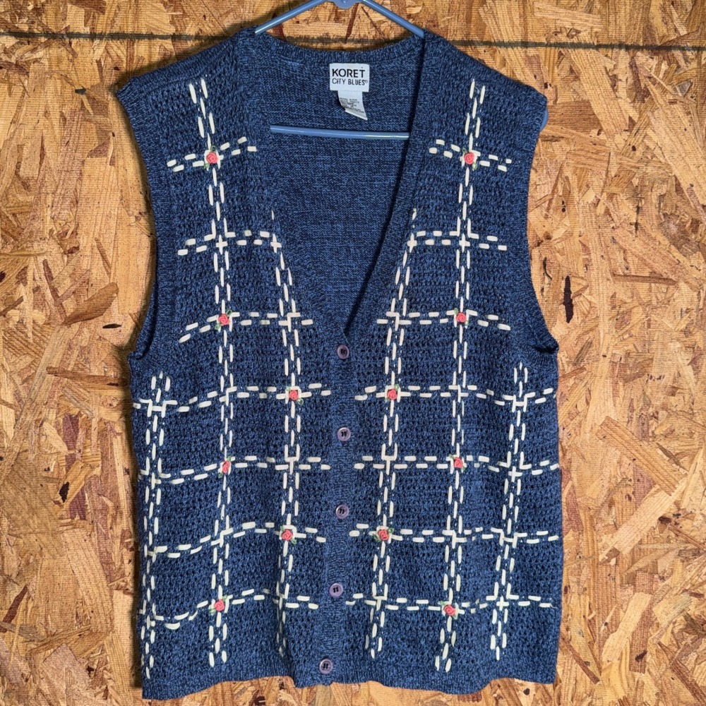 VTG Koret City Blues Knit Sweater Vest Floral Embroidered Plaid Grannycore M